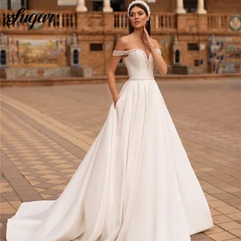 Атласное Сватбена рокля Трапецовидна форма с открити рамене, прекрасна шия, ръкави, рокли за Булката, Мъниста, Колан, Копчета на гърба, Сватбени рокли