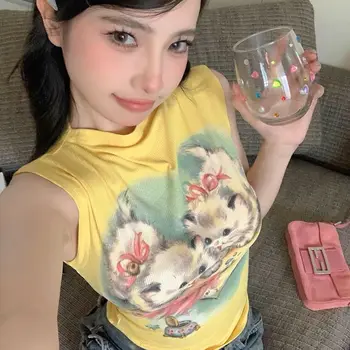 Пикантни тениска с принтом сладко момиче и котка, Женска Лятна тениска 2023 година в стил Харадзюку Y2k, съкратен Топ с висока яка, Модни Скъпа риза в стил Ретро, Дамски