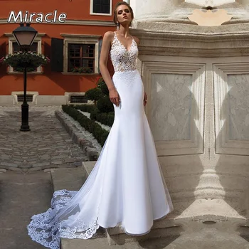Популярно Сватбена рокля Русалка в стил Бохо, Сексуална Сватбена рокля с V-образно деколте, Нови дантелени апликации, без ръкави, на кръст, с отворен гръб, Vestidos De Новия