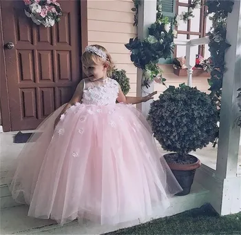 Рокля цвете момиче розово-пухкави тюл, дантела 3D стикер сватбени сладки цветя дете на първия евхаристического рожден ден облечи момиче подарък
